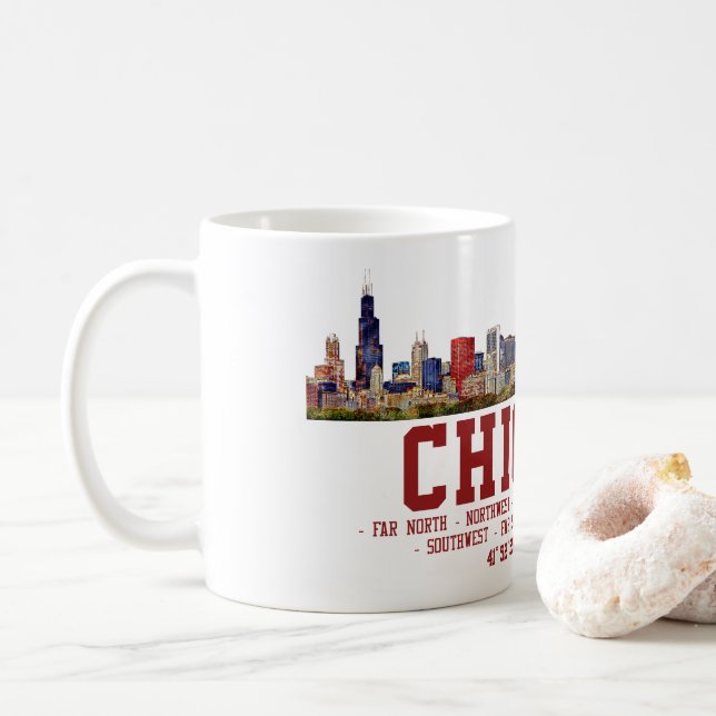 Chicago Skyline.  Area Names and Coordinates Coffee Mug (With Donut)