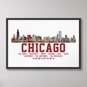 Chicago Skyline.  Area Names and Coordinates Photo Print
