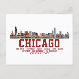 Chicago Skyline. Area Names and Coordinates Postcard