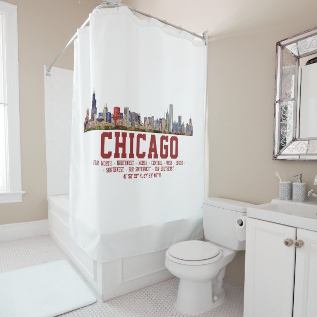 Chicago Skyline.  Area Names and Coordinates Shower Curtain (In Situ)