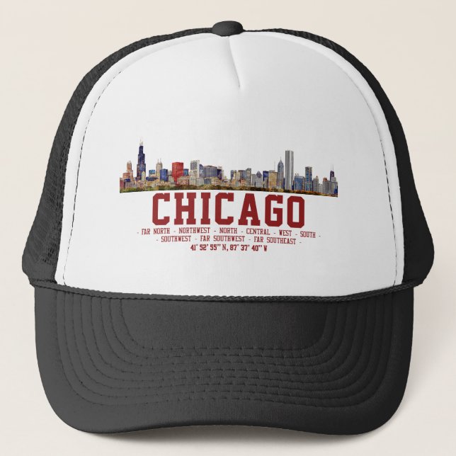 Chicago Skyline.  Area Names and Coordinates Trucker Hat (Front)