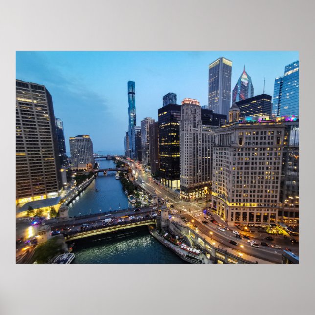 Chicago Skyline at Dusk River View Poster Print (Front)