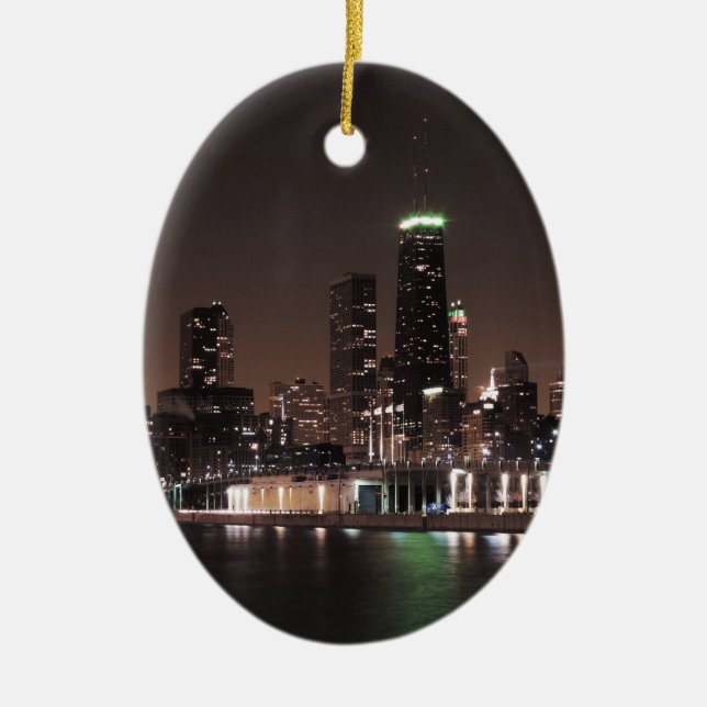 Chicago Skyline at Night Ceramic Tree Decoration (Front)