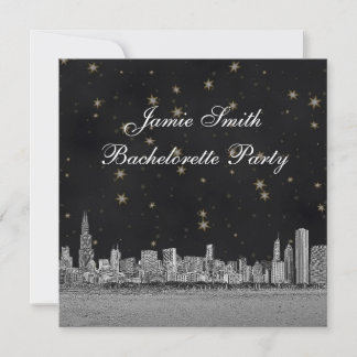Chicago Skyline Black Gold Star Bachelorette Invitation