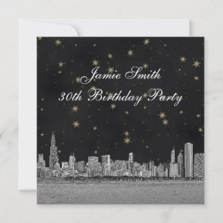 Chicago Skyline Black Gold Star Birthday Party Invitation