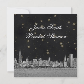 Chicago Skyline Black Gold Star Bridal Shower Invitation