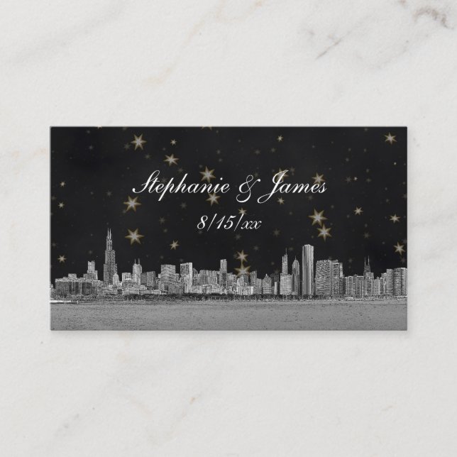 Chicago Skyline Black Gold Star Escort Cards (Front)