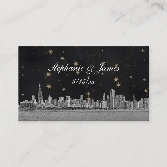Chicago Skyline Black Gold Star Place Cards (Front)