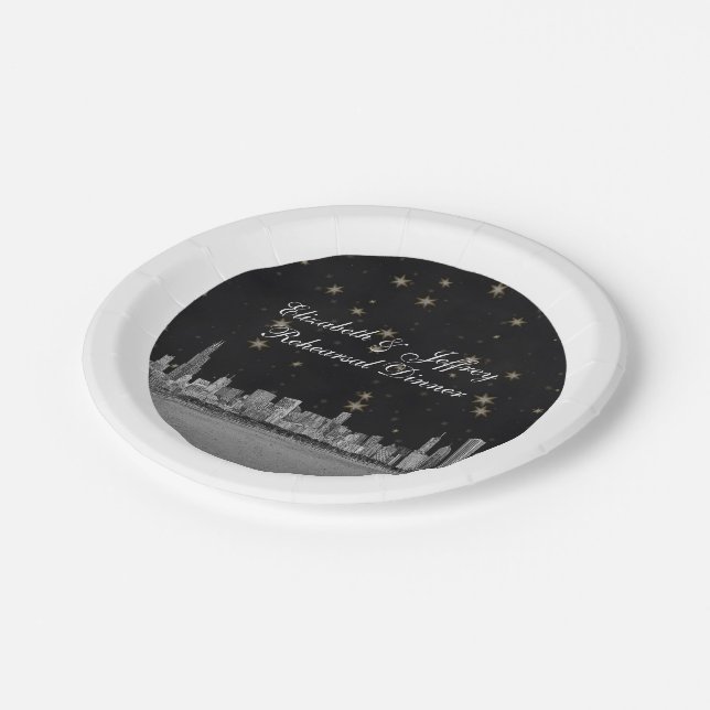 Chicago Skyline Black Gold Star S Paper Plate (Angled)