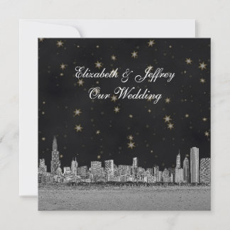 Chicago Skyline Black Gold Star SQ Wedding Invitation