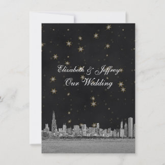 Chicago Skyline Black Gold Star V Wedding Invitation
