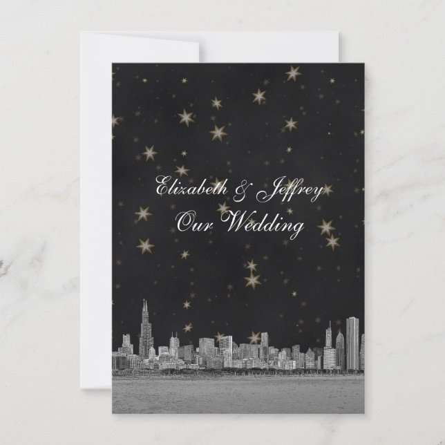Chicago Skyline Black Gold Star V Wedding Invitation (Front)