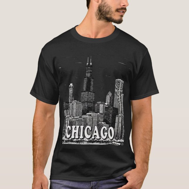 Chicago Skyline – Black & White Minimalist City Gr T-Shirt (Front)
