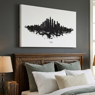Chicago Skyline Black White Watercolor City Art Canvas Print