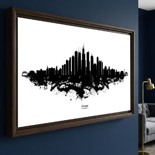 Chicago Skyline Black White Watercolor City Art Photo Print