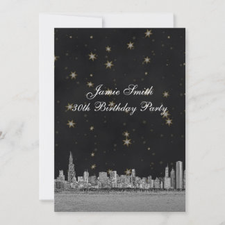 Chicago Skyline Blk Gold Star Birthday Party V Invitation
