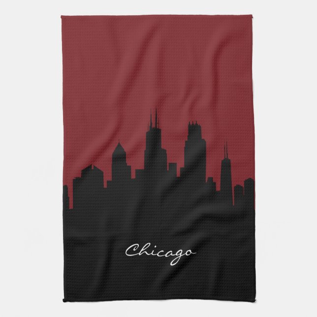 Chicago Skyline | Dark Red Tea Towel (Vertical)