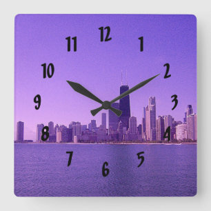 Chicago Skyline Deep Purplish Hues Square Wall Clock