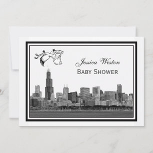 Chicago Skyline Etch Framed #2H Baby Shower Stork2 Invitation