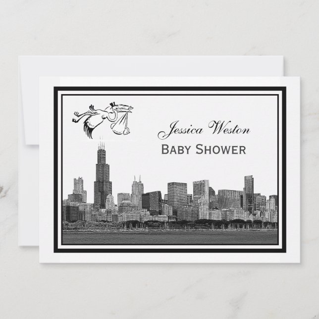 Chicago Skyline Etch Framed #2H Baby Shower Stork2 Invitation (Front)