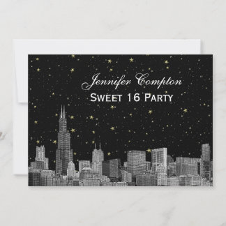 Chicago Skyline Etch Starry DIY BG SQ Sweet 16 H Invitation