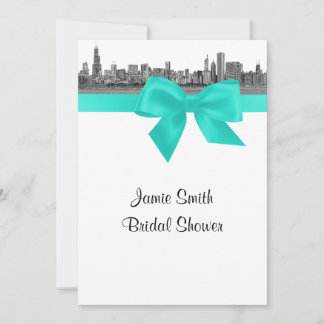 Chicago Skyline Etched BW Aqua Bridal Shower S Invitation