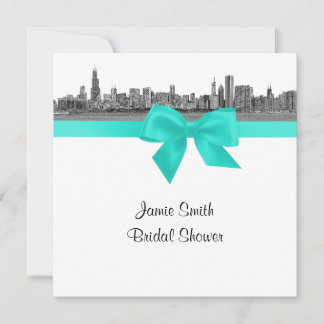 Chicago Skyline Etched BW Aqua SQ Bridal Shower Invitation