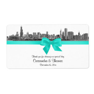 Chicago Skyline Etched BW Aqua Wine Label H