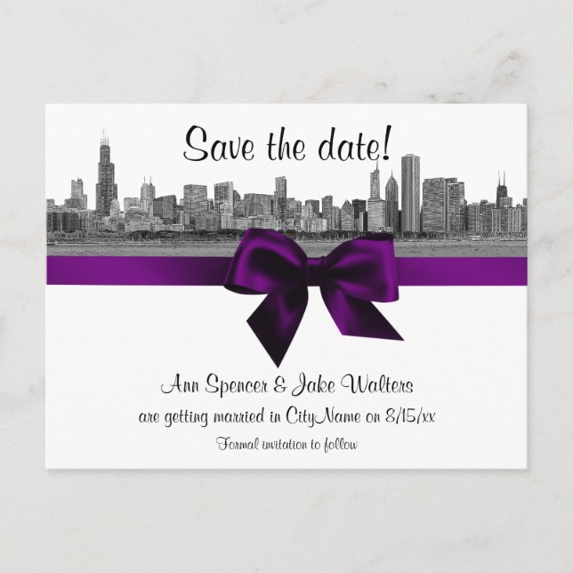 Chicago Skyline Etched BW Purple Save the Date Announcement Postcard (Front)