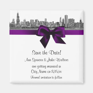 Chicago Skyline Etched BW Purple Save the Date Magnet