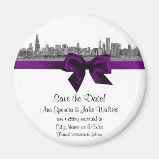 Chicago Skyline Etched BW Purple Save the Date R Magnet