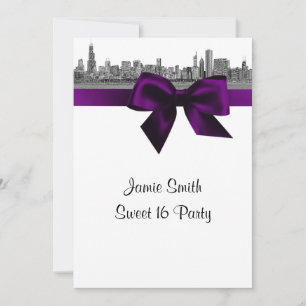 Chicago Skyline Etched BW Purple Sweet 16 Invitation