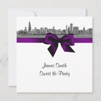 Chicago Skyline Etched BW Purple Sweet Sixteen SQ Invitation