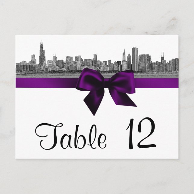 Chicago Skyline Etched BW Purple Table Number Postcard (Front)