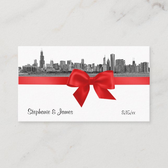 Chicago Skyline Etched BW Red Escort Cards (Front)