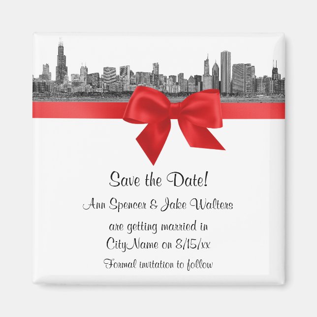 Chicago Skyline Etched BW Red Save the Date Magnet (Front)