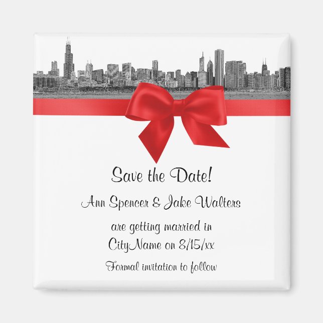Chicago Skyline Etched BW Red Save the Date Magnet (Front)