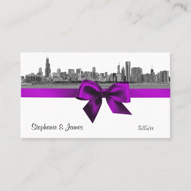 Chicago Skyline Etched BW Violet Escort Cards (Front)