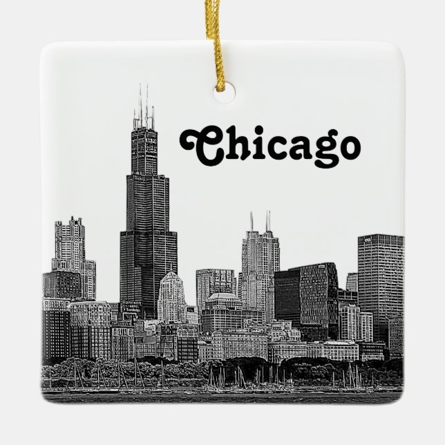Chicago Skyline Etched Ceramic Ornament (Front)
