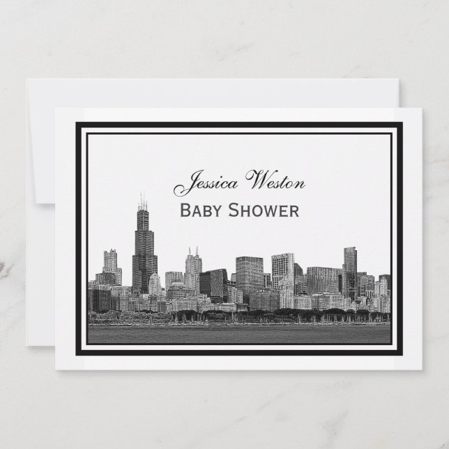 Chicago Skyline Etched Framed #2 H Baby Shower Invitation (Front)
