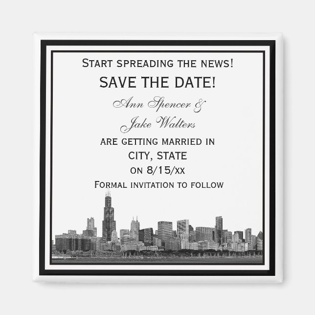 Chicago Skyline Etched Framed Save the Date Magnet (Front)