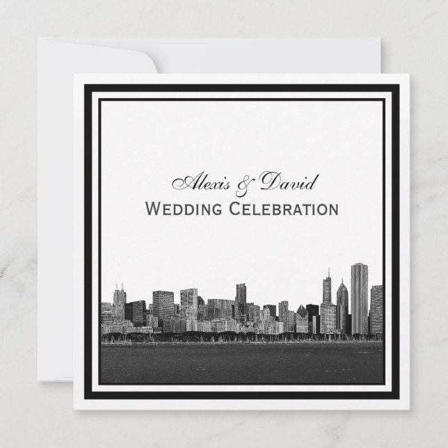 Chicago Skyline Etched Framed Wedding Invitation (Front)