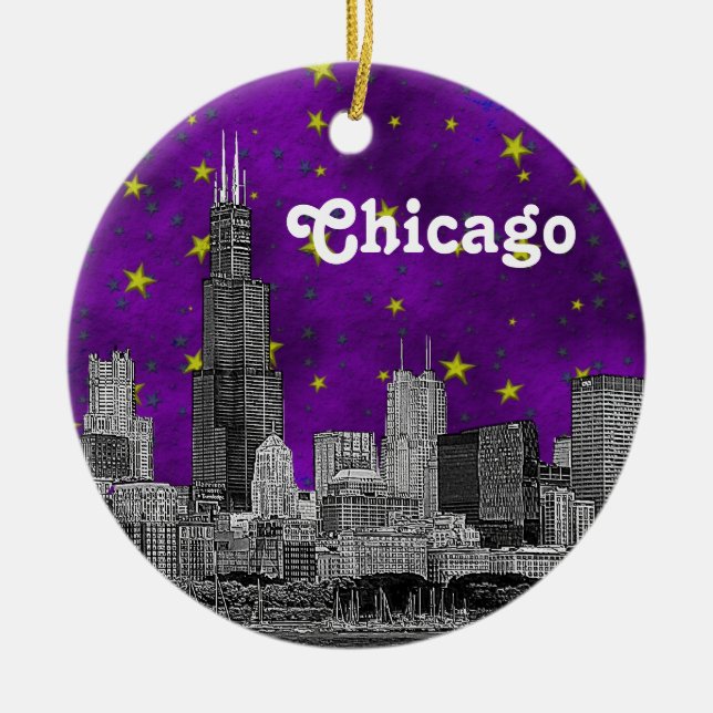 Chicago Skyline Etched, Purple Starry Sky Ceramic Tree Decoration (Front)