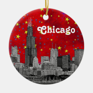 Chicago Skyline Etched, Red Starry Sky Ceramic Tree Decoration