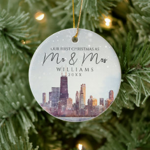 Chicago Skyline First Christmas As Mr & Mrs Photo Ceramic Tree Decoration
