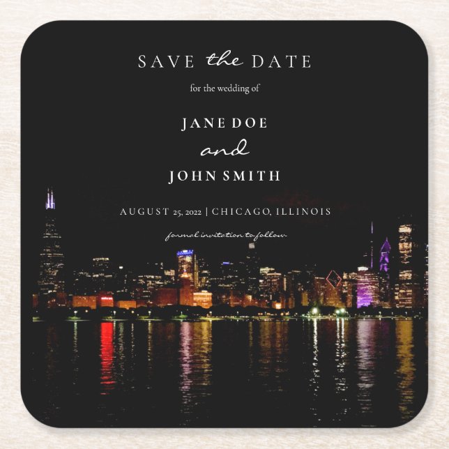 Chicago Skyline flat Save The Date Card Square Paper Coaster (Front)