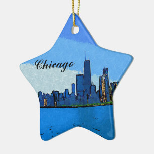 Chicago Skyline in Collage Paint Ceramic Tree Decoration
