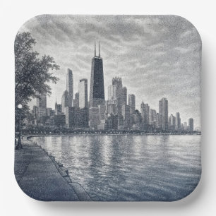Chicago Skyline in Pointillist Art Paper Plate