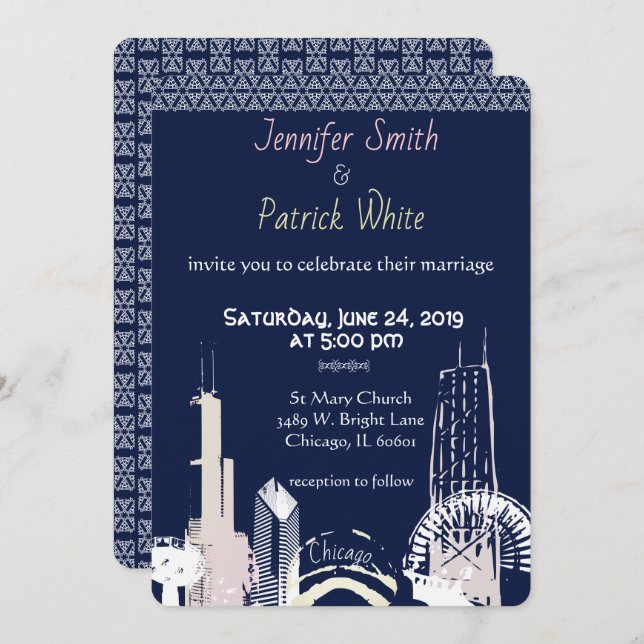 Chicago Skyline Navy blue lace elegant Invitation (Front/Back)