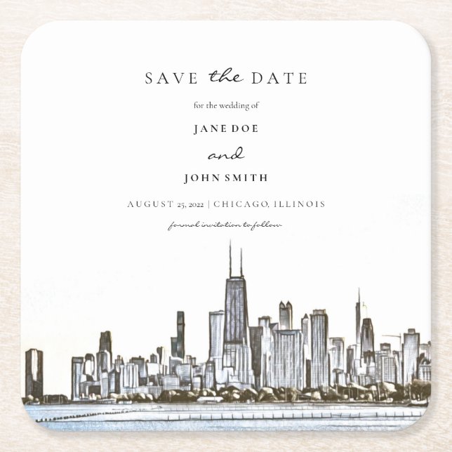 Chicago Skyline Paper Coaster Save the Date (Front)